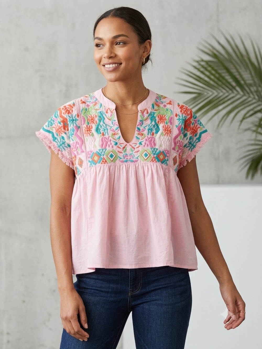 THML Pink Embroidered Flutter Sleeve Blouse